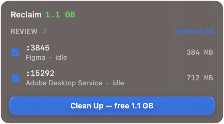 Clean Up screen reclaiming 1.1 GB from idle listeners
