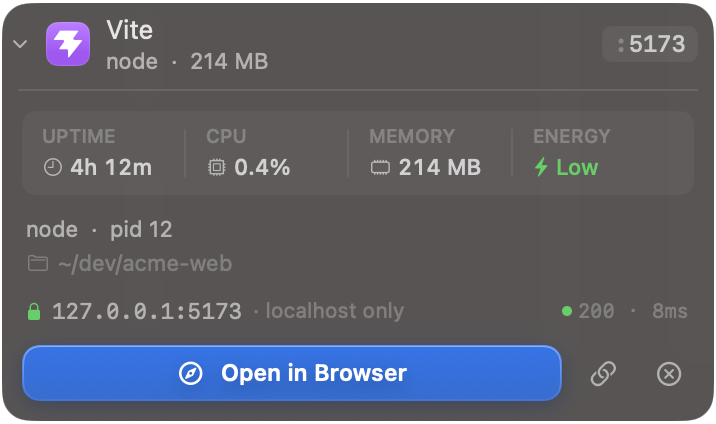 Expanded server row showing uptime, CPU, memory, energy and live HTTP status